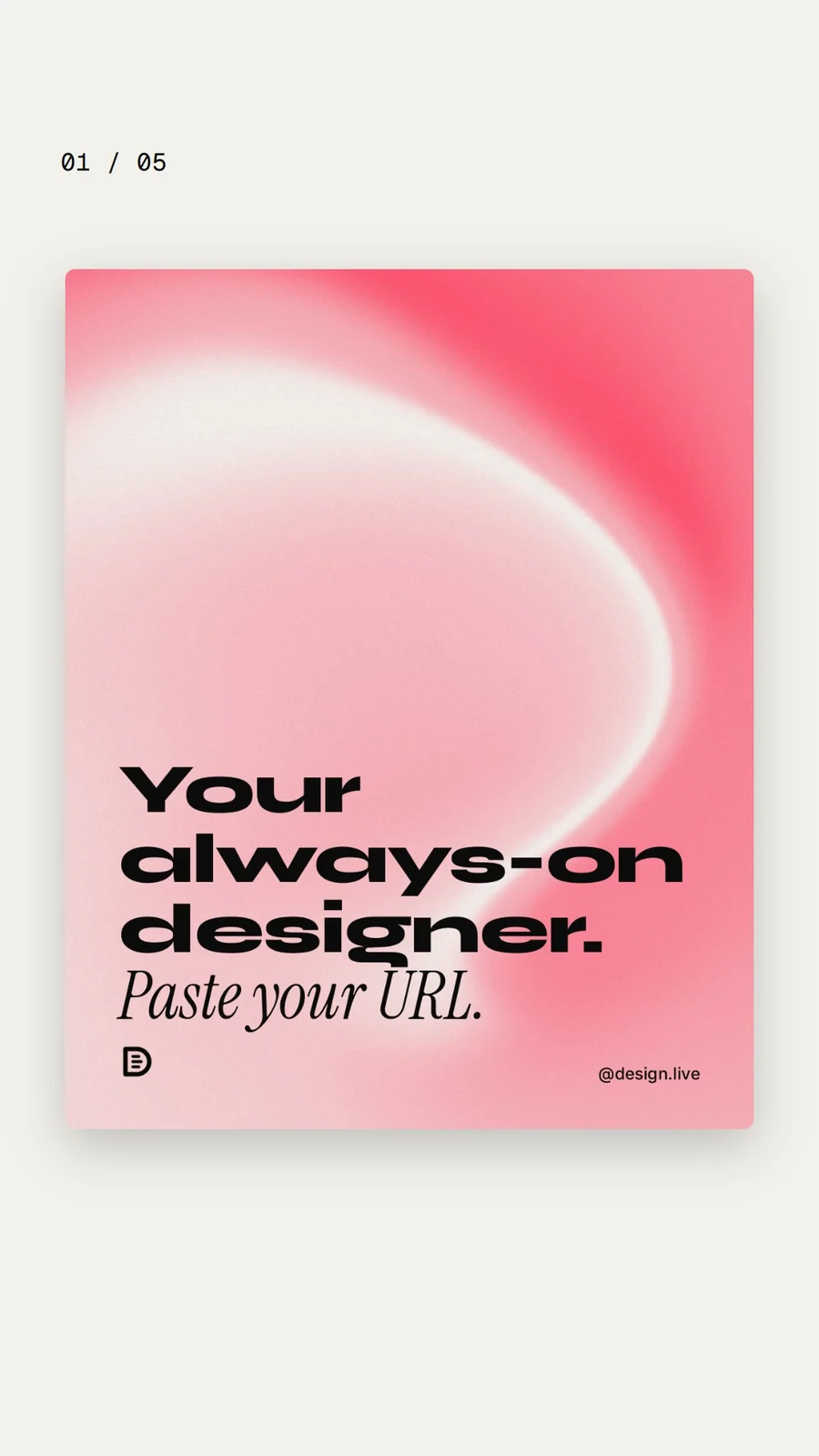 Video for design.live. Ad flipbook, 7.5 s, light palette.