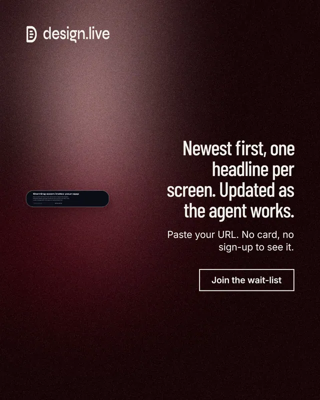 Instagram portrait post for design.live: "Newest first, one headline per screen. Updated as the agent works." Dark deco style, right layout, dark palette in black, red, grey.