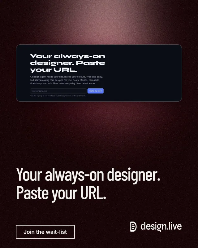 Instagram portrait post for design.live: "Your always-on designer. Paste your URL." Dark deco style, bottom layout, dark palette in black, grey.