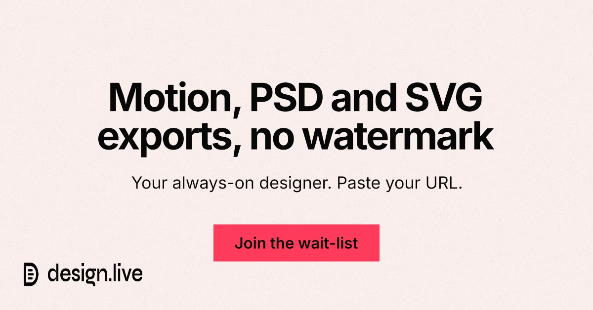 Social ad for design.live: "Motion, PSD and SVG exports, no watermark". Swiss style, centred layout, light palette in white, red.