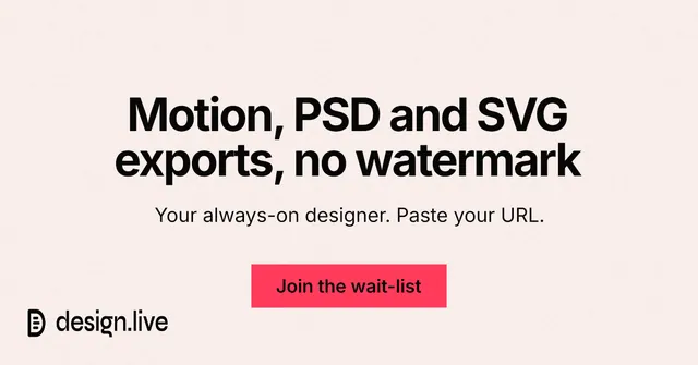 Social ad for design.live: "Motion, PSD and SVG exports, no watermark". Swiss style, centred layout, light palette in white, red.