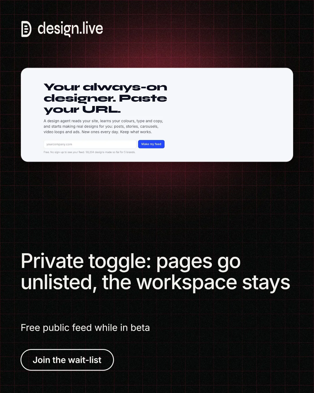 Instagram portrait post for design.live: "Private toggle: pages go unlisted, the workspace stays". Phosphor atlas style, bottom layout, dark palette in black, white, red.