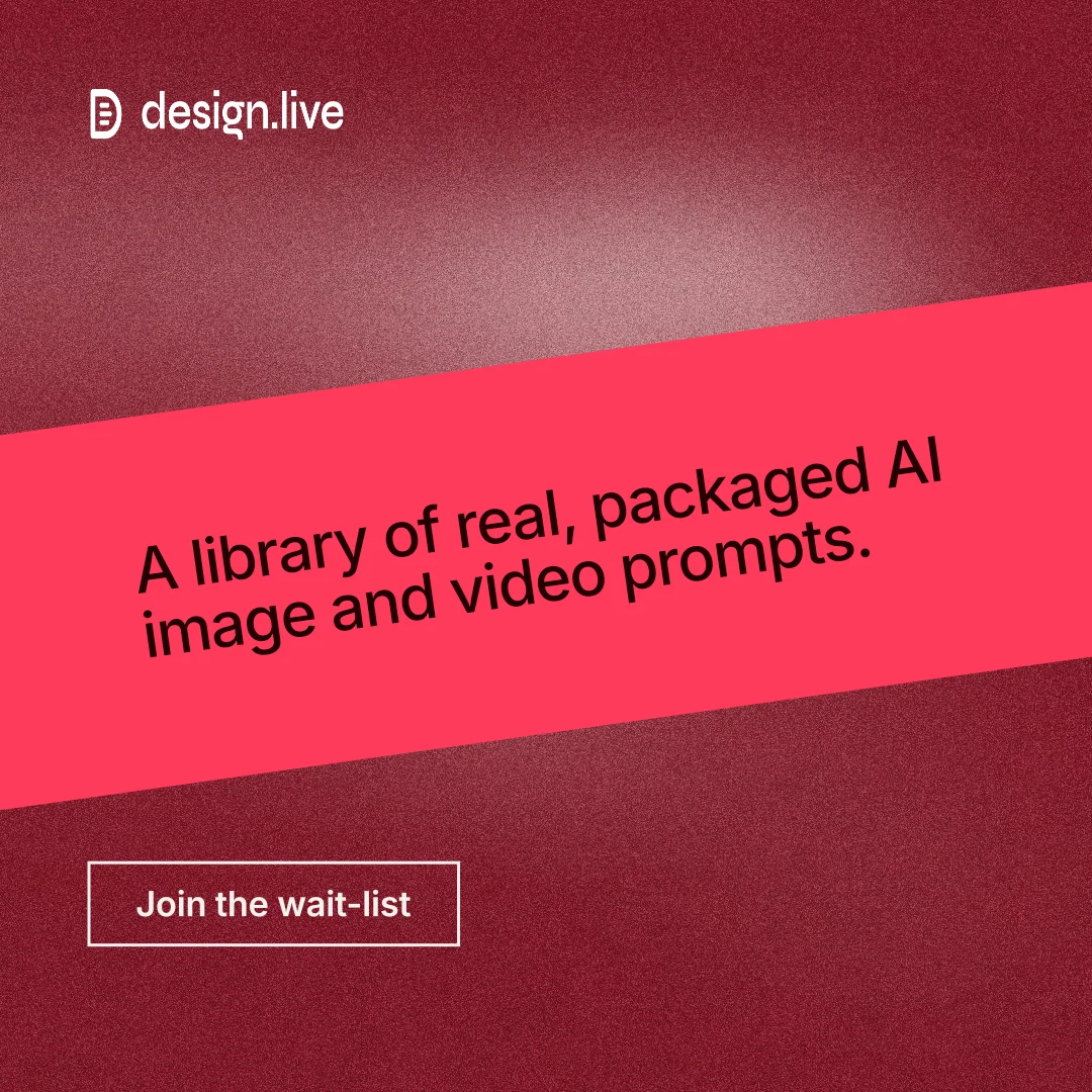 Instagram post for design.live: "A library of real, packaged AI image and video prompts." Cyanotype style, diagonal layout, dark palette in red.