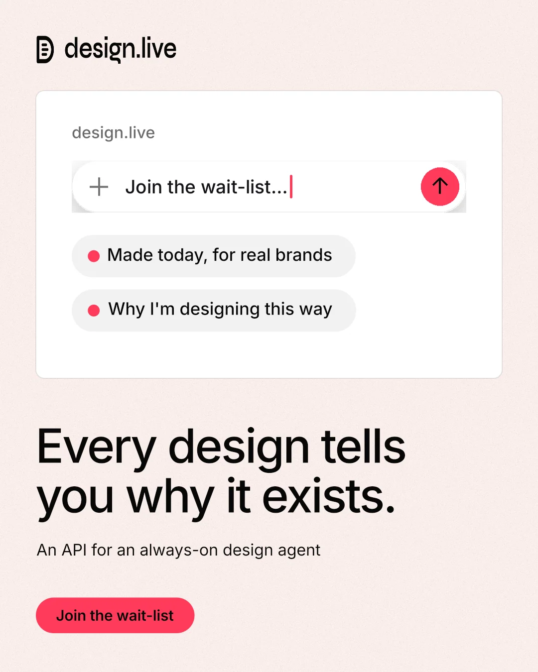 Instagram portrait post for design.live: "Every design tells you why it exists." Data card style, bottom layout, light palette in white, red.