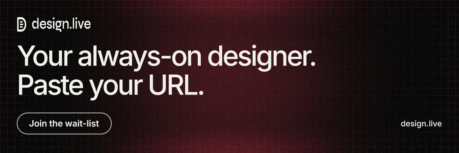 X header for design.live: "Your always-on designer. Paste your URL." Phosphor atlas style, poster layout, dark palette in black, red, grey.