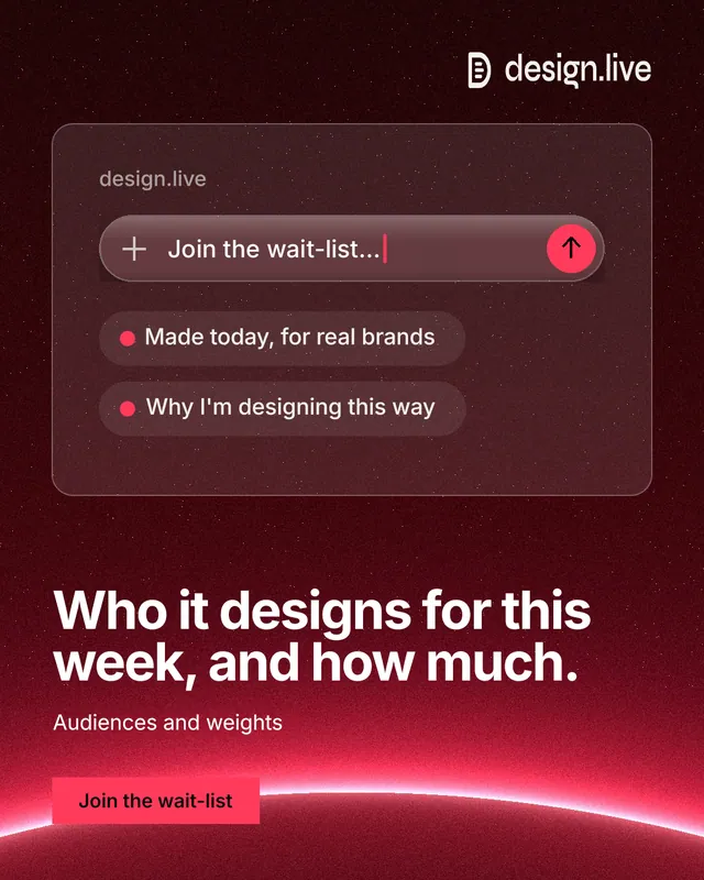 Instagram portrait post for design.live: "Who it designs for this week, and how much." Swiss style, bottom layout, dark palette in black, red.