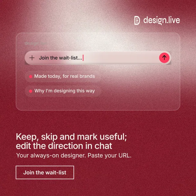 Instagram post for design.live: "Keep, skip and mark useful; edit the direction in chat". Cyanotype style, bottom layout, dark palette in red.