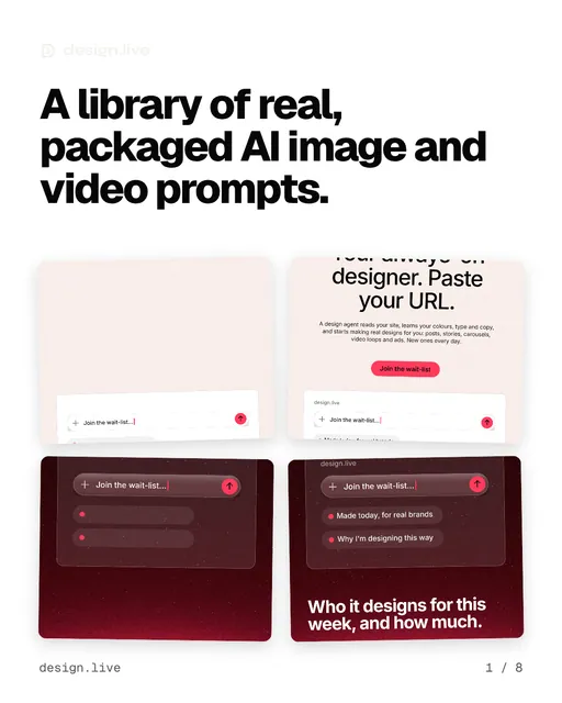 Carousel for design.live: "A library of real, packaged AI image and video prompts.". Collection carousel, 8 slides, light palette.