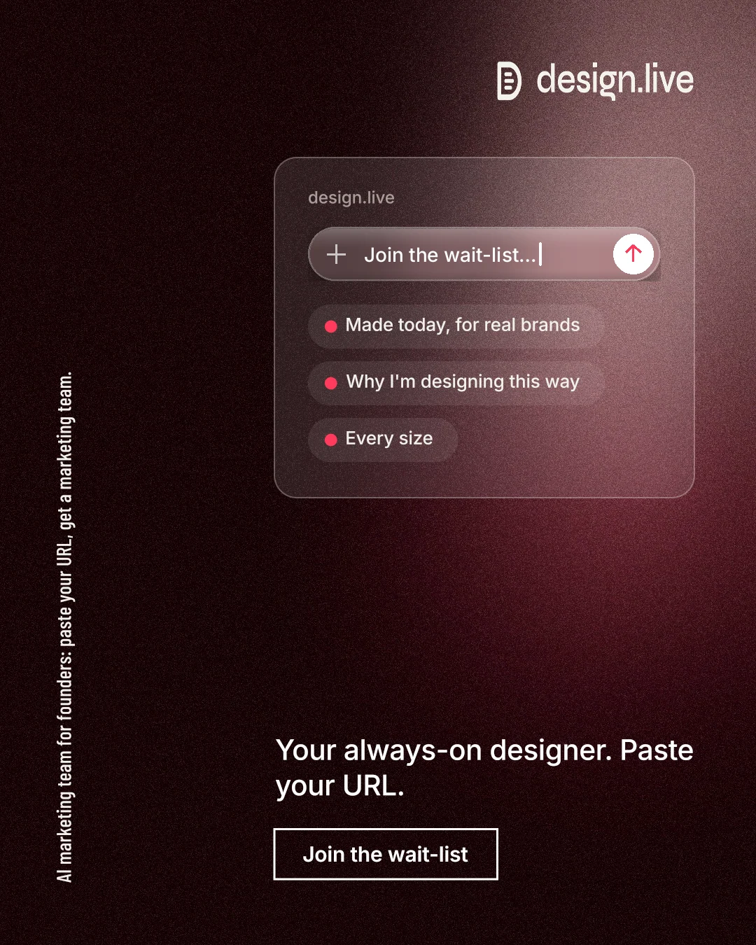 Instagram portrait post for design.live: "AI marketing team for founders: paste your URL, get a marketing team." Dark deco style, vertical layout, dark palette in black, grey, red.