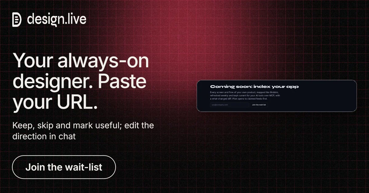 Social ad for design.live: "Your always-on designer. Paste your URL." Phosphor atlas style, bottom layout, dark palette in black, red, grey.