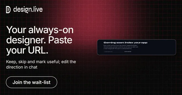 Social ad for design.live: "Your always-on designer. Paste your URL." Phosphor atlas style, bottom layout, dark palette in black, red, grey.
