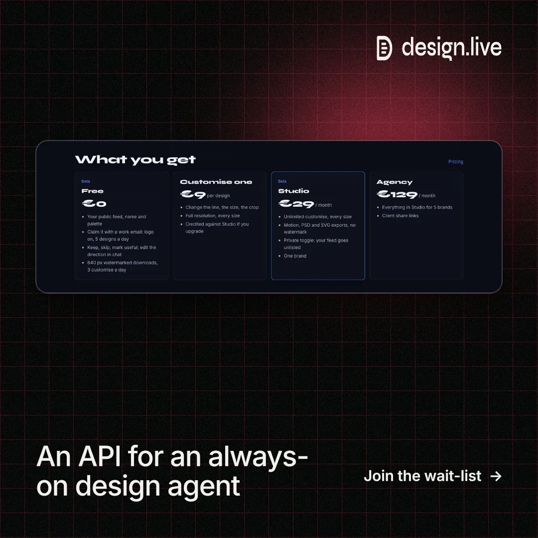 Instagram post for design.live: "An API for an always-on design agent". Phosphor atlas style, image led layout, dark palette in black.