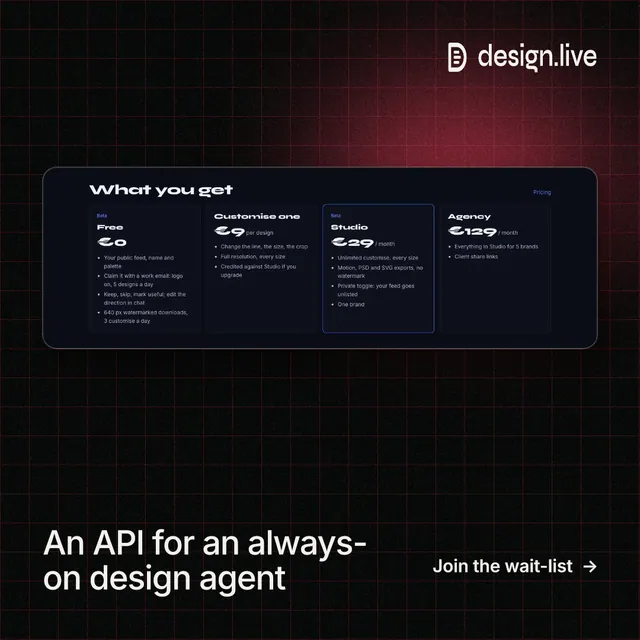 Instagram post for design.live: "An API for an always-on design agent". Phosphor atlas style, image led layout, dark palette in black.