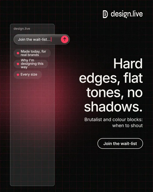 Instagram portrait post for design.live: "Hard edges, flat tones, no shadows." Phosphor atlas style, right layout, dark palette in red, black, grey.
