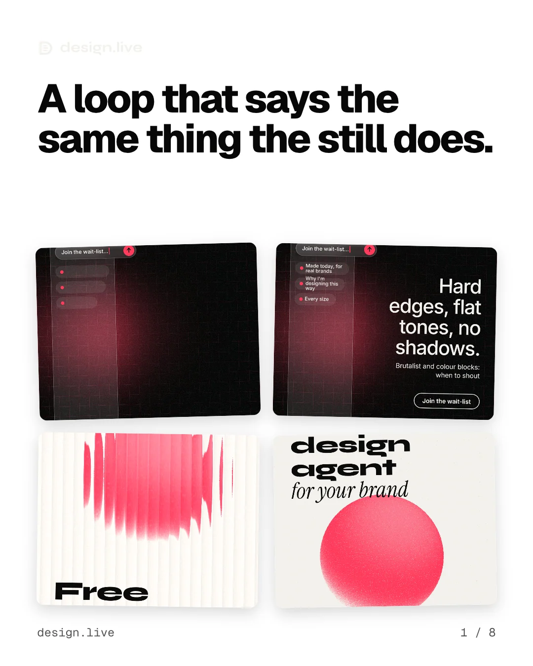 Carousel for design.live: "A loop that says the same thing the still does.". Collection carousel, 8 slides, light palette.