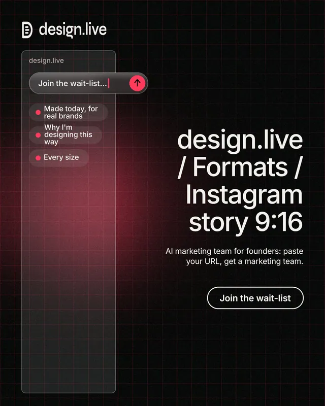 Instagram portrait post for design.live: "design.live / Formats / Instagram story 9:16". Phosphor atlas style, right layout, dark palette in red, black, grey.