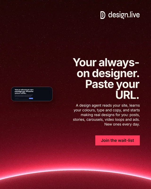 Instagram portrait post for design.live: "Your always-on designer. Paste your URL." Swiss style, right layout, dark palette in red, black.