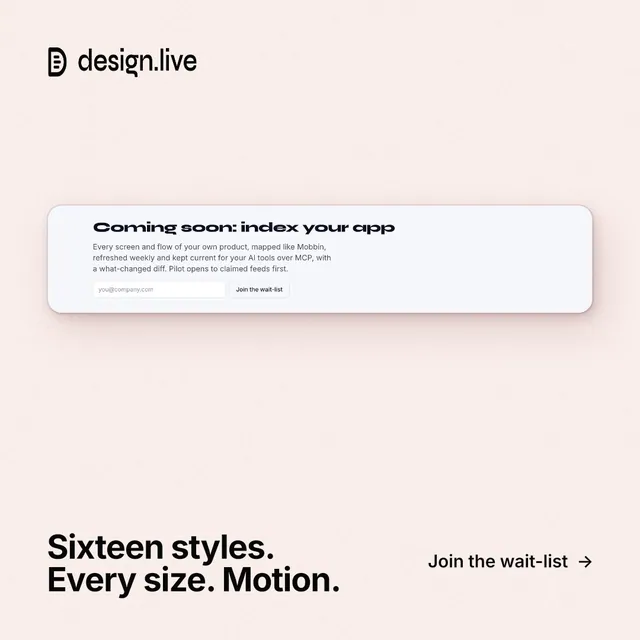 Instagram post for design.live: "Sixteen styles. Every size. Motion." Swiss style, image led layout, light palette in white, red.