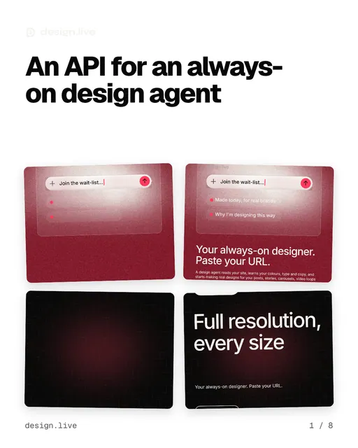 Carousel for design.live: "An API for an always-on design agent". Collection carousel, 8 slides, light palette.