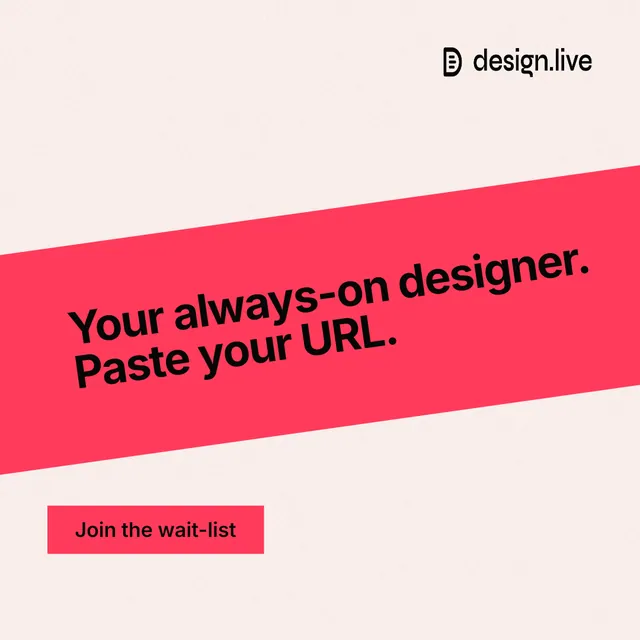 Instagram post for design.live: "Your always-on designer. Paste your URL." Swiss style, diagonal layout, light palette in white, red.
