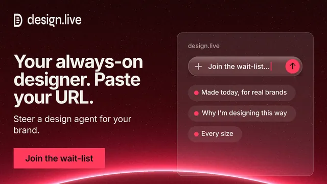 Landscape graphic for design.live: "Your always-on designer. Paste your URL." Swiss style, bottom layout, dark palette in black, red.