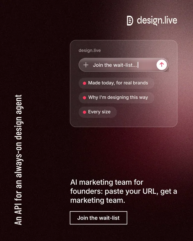 Instagram portrait post for design.live: "An API for an always-on design agent". Dark deco style, vertical layout, dark palette in black, grey, red.