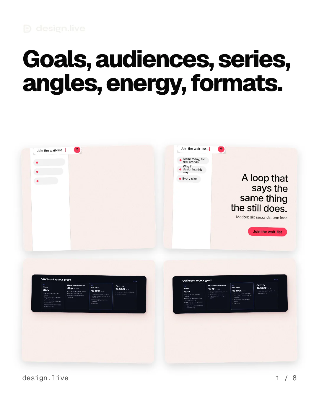 Carousel for design.live: "Goals, audiences, series, angles, energy, formats.". Collection carousel, 8 slides, light palette.