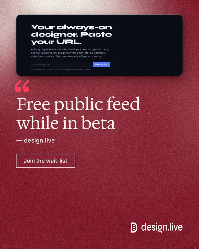 Instagram portrait post for design.live: "Free public feed while in beta". Cyanotype style, quote layout, dark palette in red.