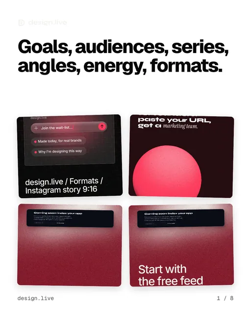 Carousel for design.live: "Goals, audiences, series, angles, energy, formats.". Collection carousel, 8 slides, light palette.
