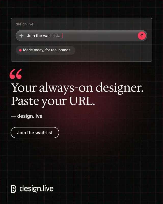 Instagram portrait post for design.live: "Your always-on designer. Paste your URL." Phosphor atlas style, quote layout, dark palette in black.