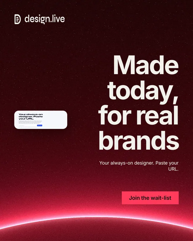 Instagram portrait post for design.live: "Made today, for real brands". Swiss style, right layout, dark palette in red, black.