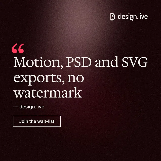 Instagram post for design.live: "Motion, PSD and SVG exports, no watermark". Dark deco style, quote layout, dark palette in black, grey.