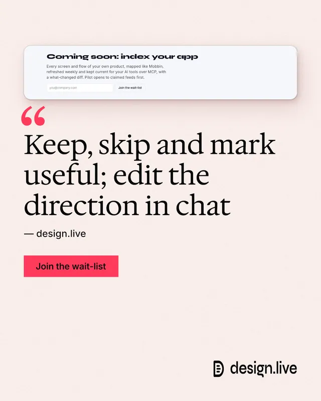 Instagram portrait post for design.live: "Keep, skip and mark useful; edit the direction in chat". Swiss style, quote layout, light palette in white, red.