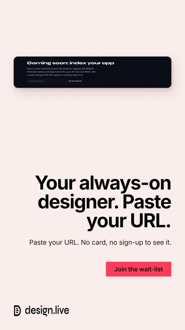 Instagram story for design.live: "Your always-on designer. Paste your URL." Swiss style, right layout, light palette in white, grey.