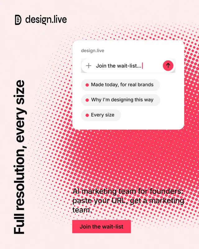 Instagram portrait post for design.live: "Full resolution, every size". Swiss style, vertical layout, light palette in white, red.