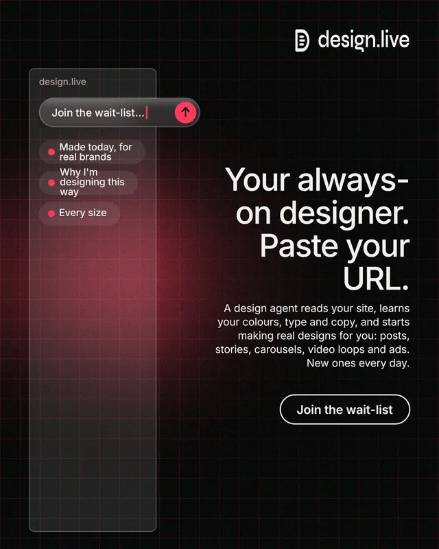Instagram portrait post for design.live: "Your always-on designer. Paste your URL." Phosphor atlas style, right layout, dark palette in red, black, grey.