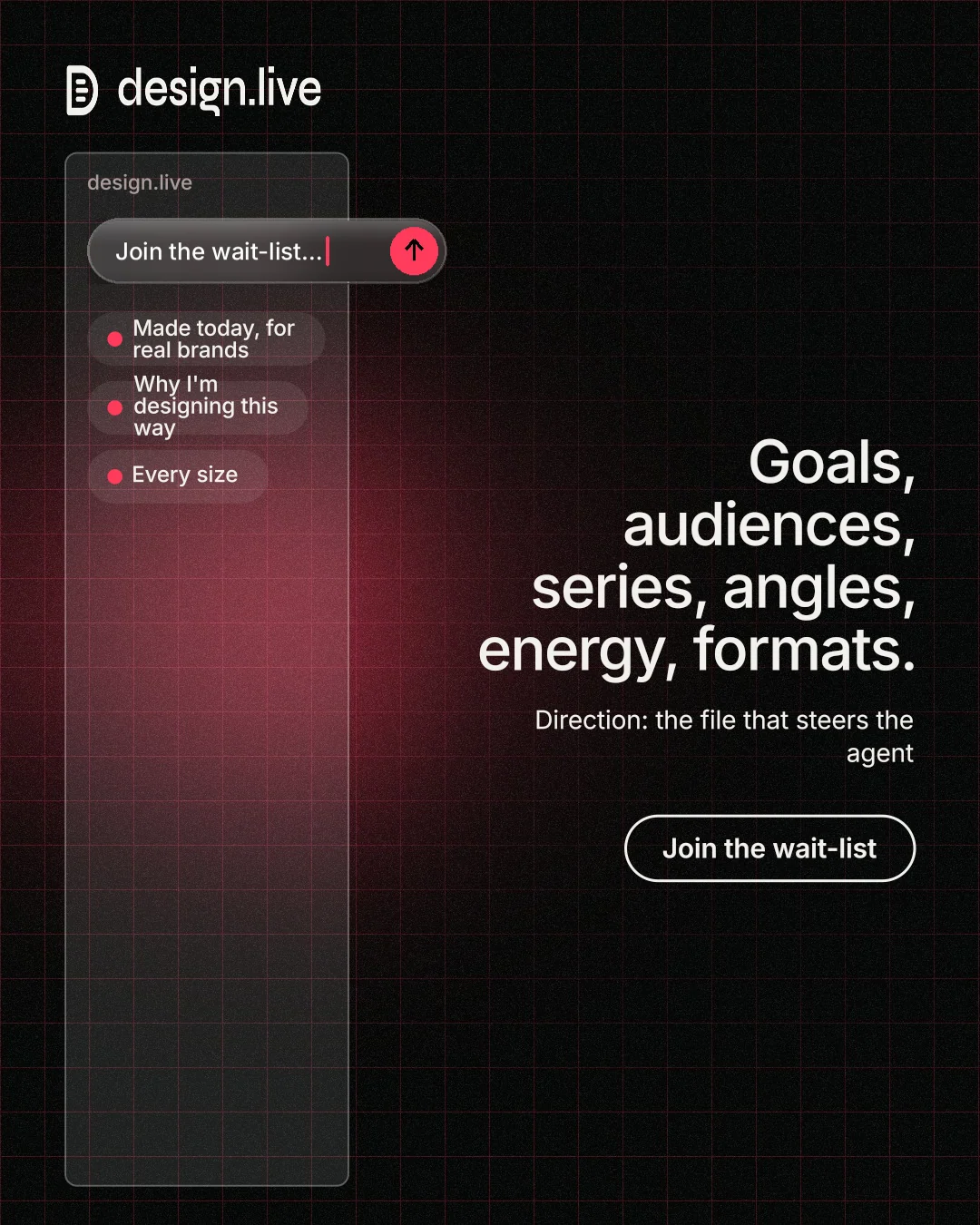 Instagram portrait post for design.live: "Goals, audiences, series, angles, energy, formats." Phosphor atlas style, right layout, dark palette in black, grey.