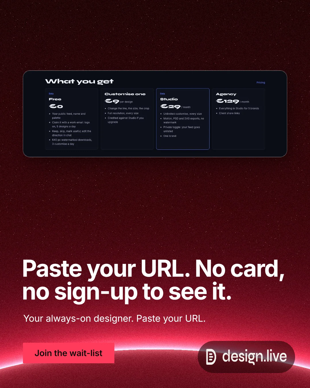 Instagram portrait post for design.live: "Paste your URL. No card, no sign-up to see it." Swiss style, bottom layout, dark palette in black, red.
