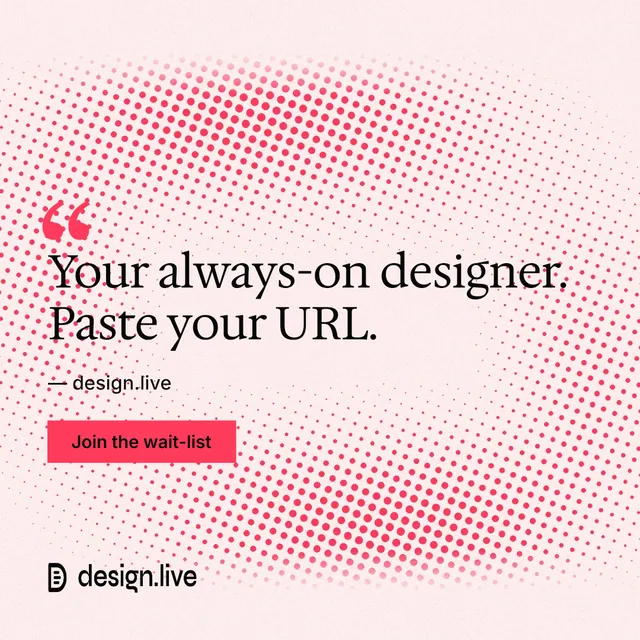 Instagram post for design.live: "Your always-on designer. Paste your URL." Swiss style, quote layout, light palette in red, white.