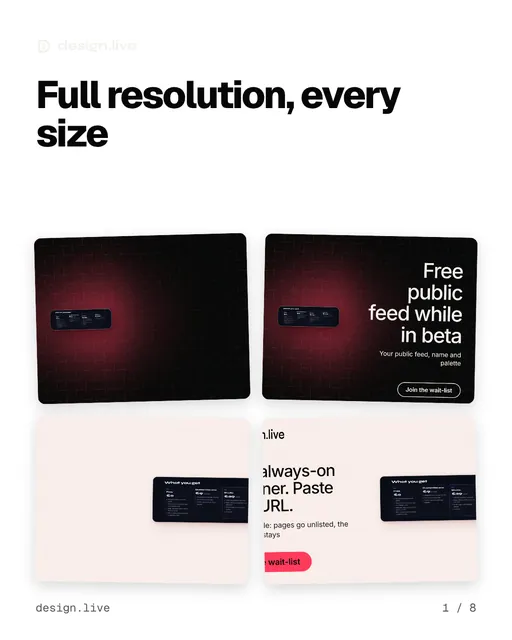 Carousel for design.live: "Full resolution, every size". Collection carousel, 8 slides, light palette.