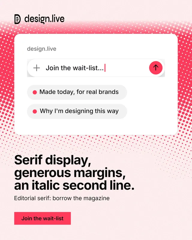 Instagram portrait post for design.live: "Serif display, generous margins, an italic second line." Swiss style, bottom layout, light palette in white, red.