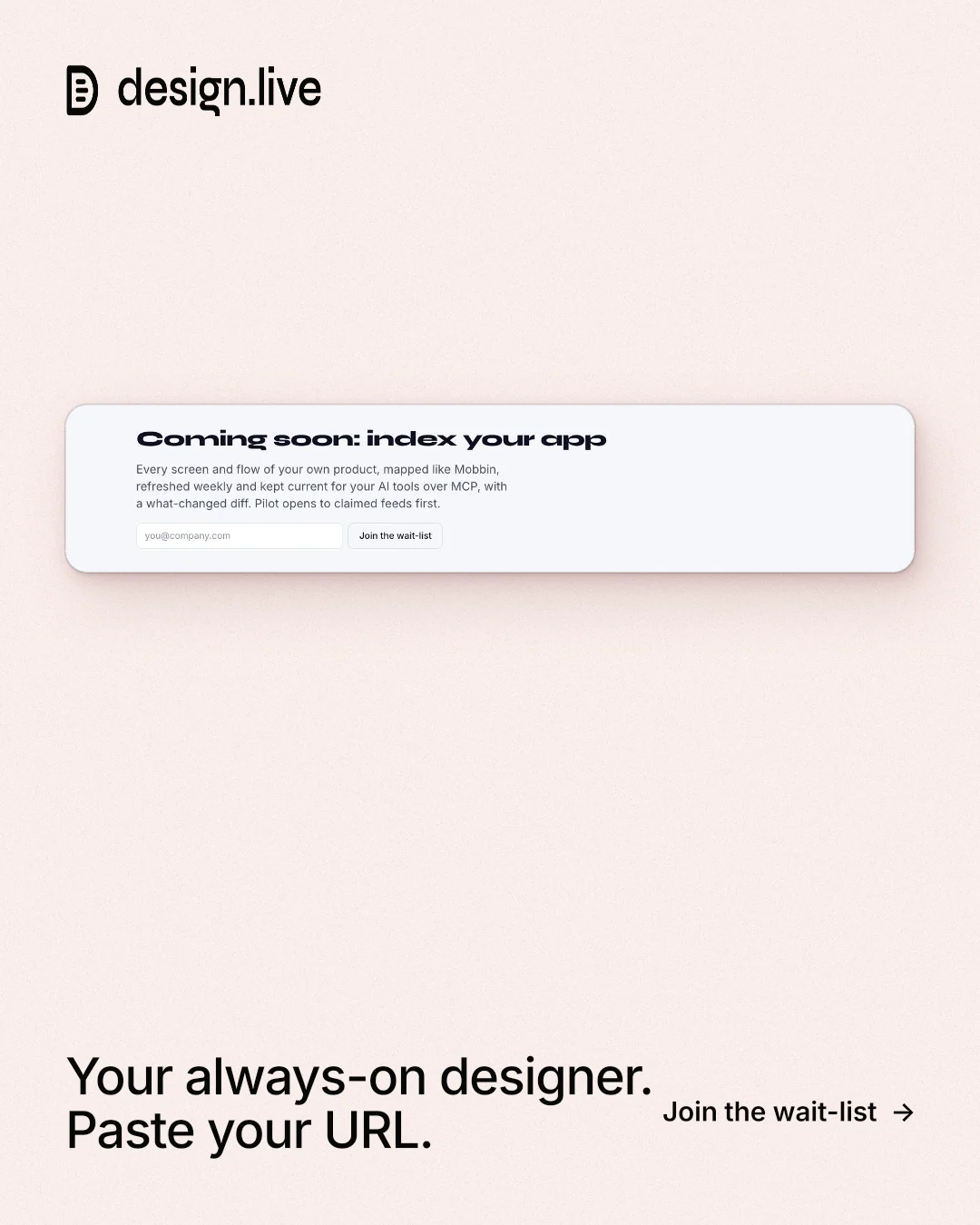 Instagram portrait post for design.live: "Your always-on designer. Paste your URL." Data card style, image led layout, light palette in white, red.