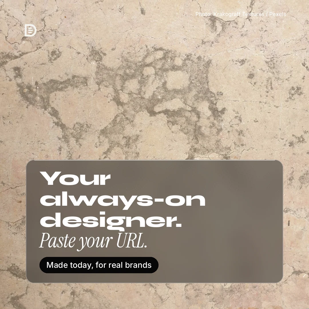 Instagram post for design.live: "Your always-on designer. Paste your URL." Glass style, technique:pexels ingredient layout, light palette in grey, orange.