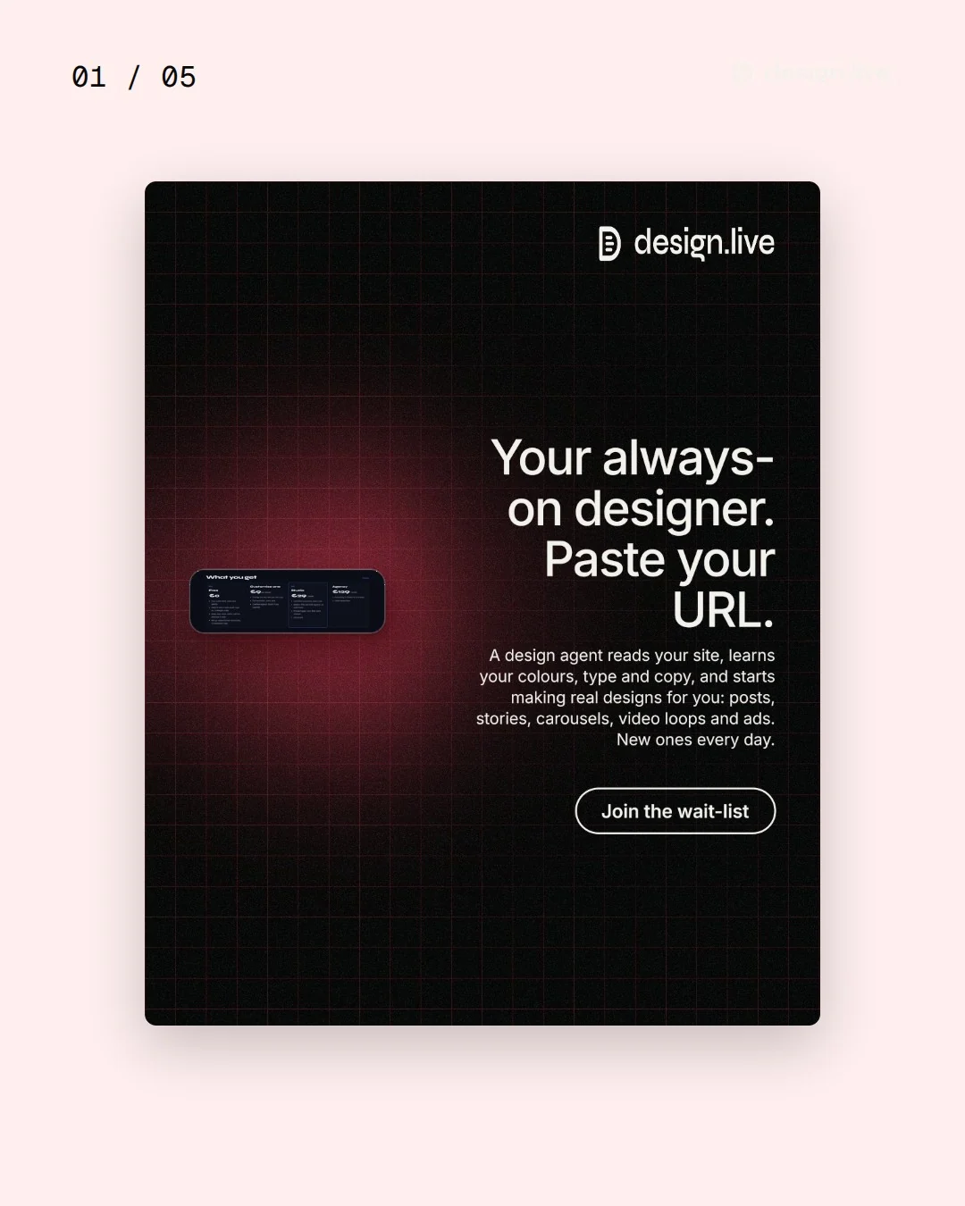 Video for design.live. Ad flipbook, 7.5 s, light palette.