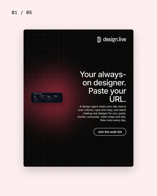 Video for design.live. Ad flipbook, 7.5 s, light palette.