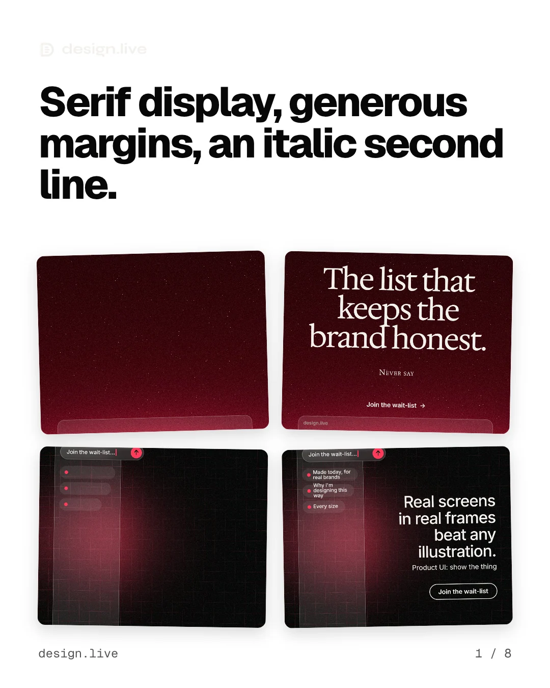 Carousel for design.live: "Serif display, generous margins, an italic second line.". Collection carousel, 8 slides, light palette.