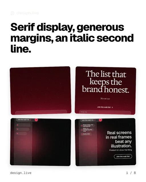 Carousel for design.live: "Serif display, generous margins, an italic second line.". Collection carousel, 8 slides, light palette.