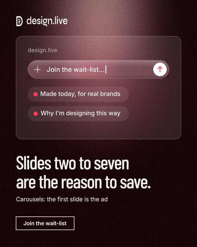 Instagram portrait post for design.live: "Slides two to seven are the reason to save." Dark deco style, bottom layout, dark palette in black, red, grey.