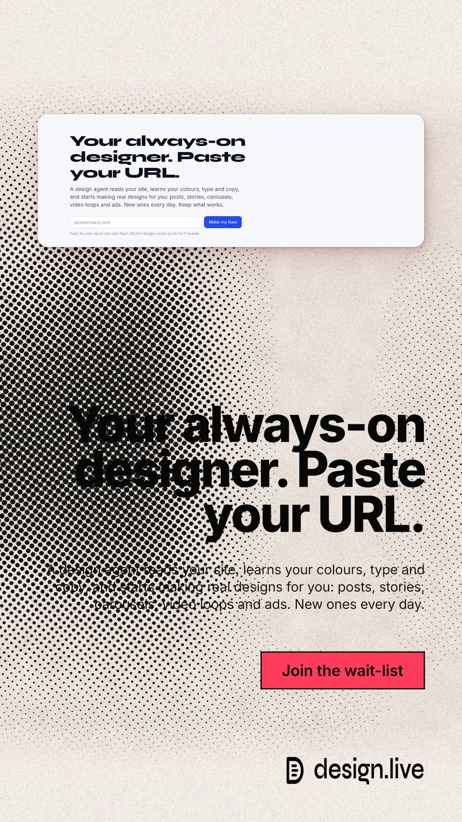 Instagram story for design.live: "Your always-on designer. Paste your URL." Ink sticker style, right layout, light palette in orange, grey, white.