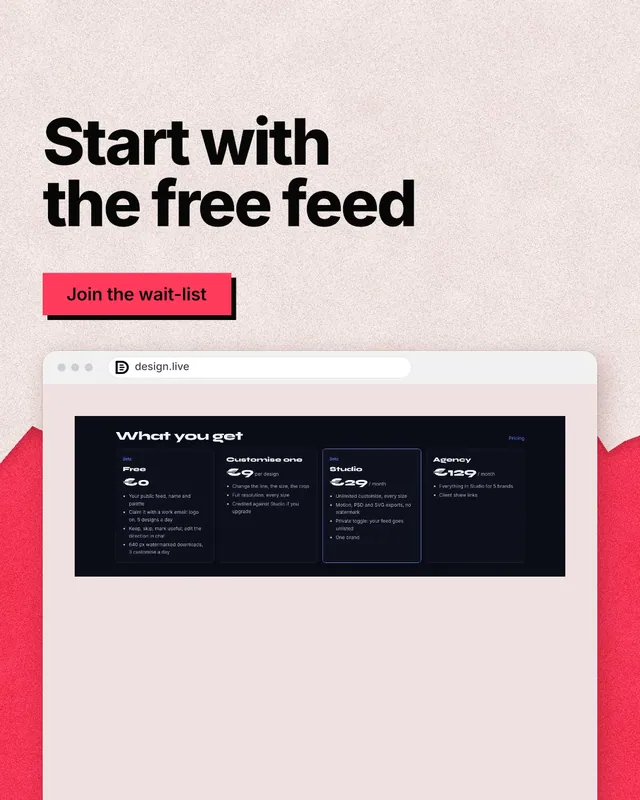 Instagram portrait post for design.live: "Start with the free feed". Paper trio style, browser layout, light palette in orange, red, white.